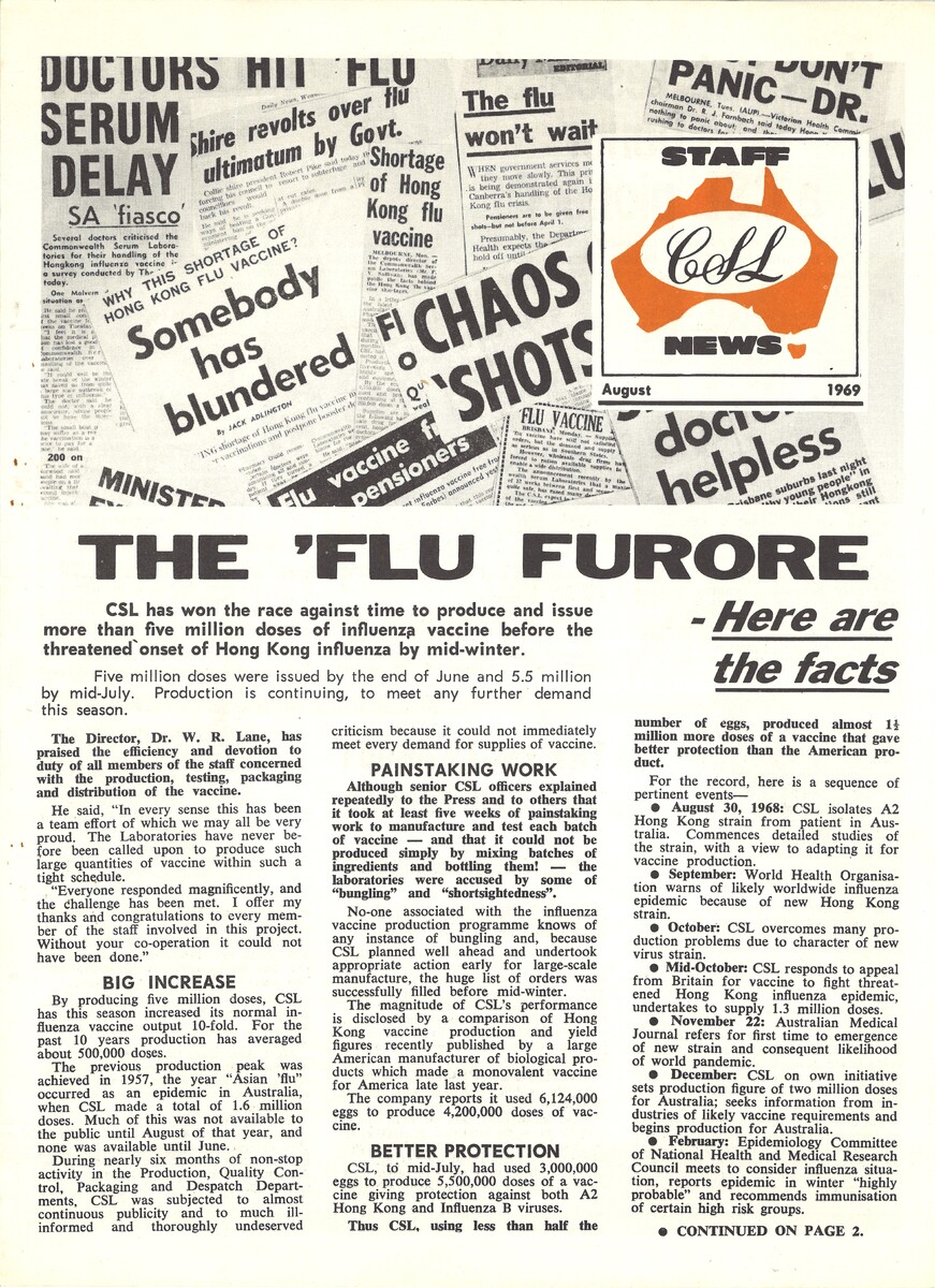 Page from the Staff News Magazine that circulated among Commonwealth Serum Laboratories’ employees describing the events around “Flu Furore” of 1969