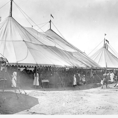 Crowded marquees at the quarantine camp at the Jubilee Exhibition Building in Adelaide, South Australia, 1919