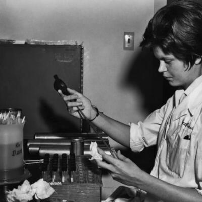 Rebecca Harwell inoculating tissue cultures, 1968